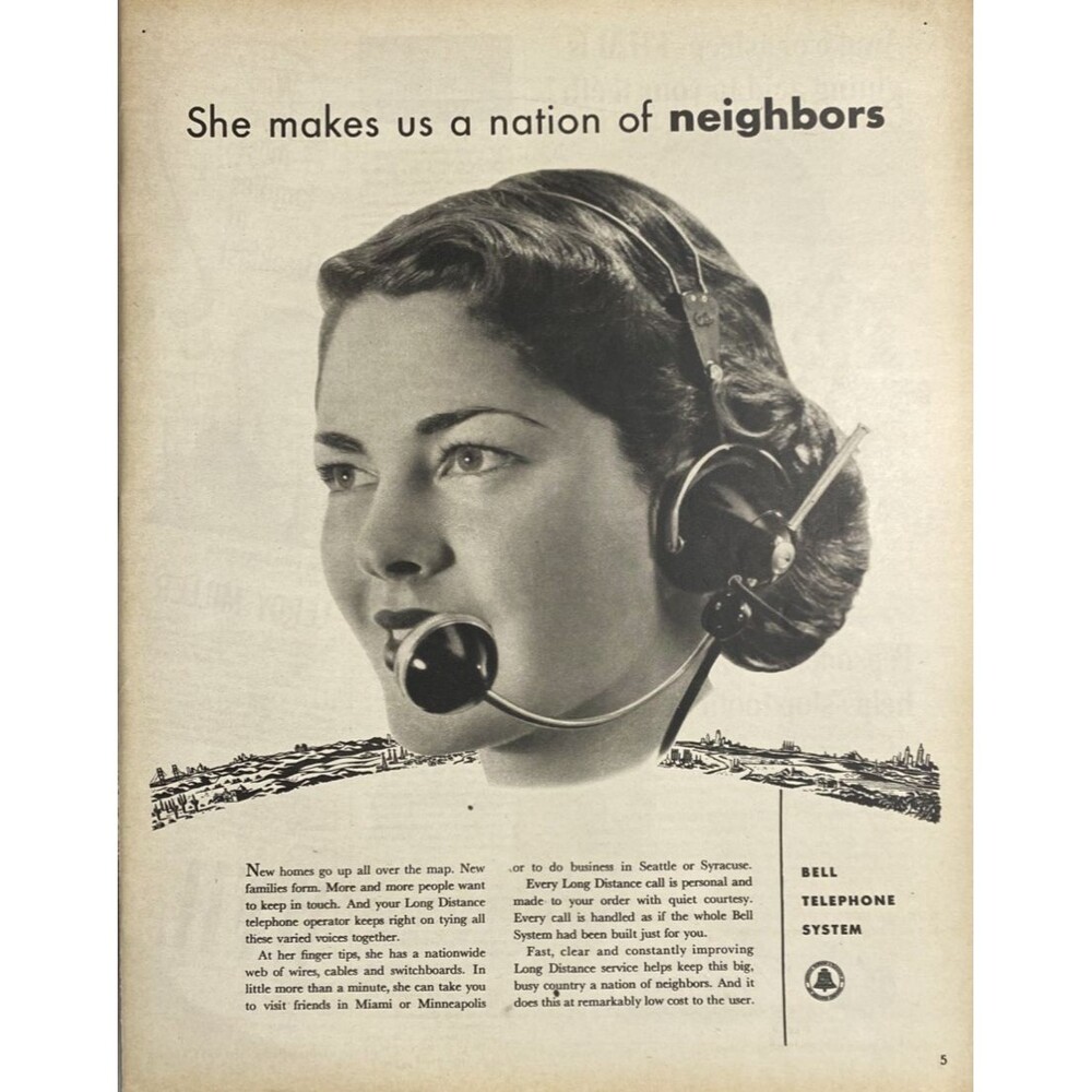 Bell Telephone System "She Makes Us a Nation of Neighbors" Vintage Print Ad 1950
